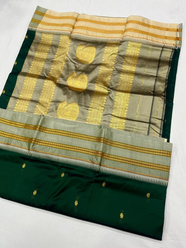 Pure Handloom Narayanpeth Silk Saree with Traditional Zari Border - Free, Bottle Green