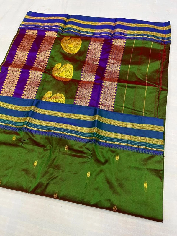 Pure Handloom Narayanpeth Silk Saree with Traditional Chevron Border - Free, Mehendi Green