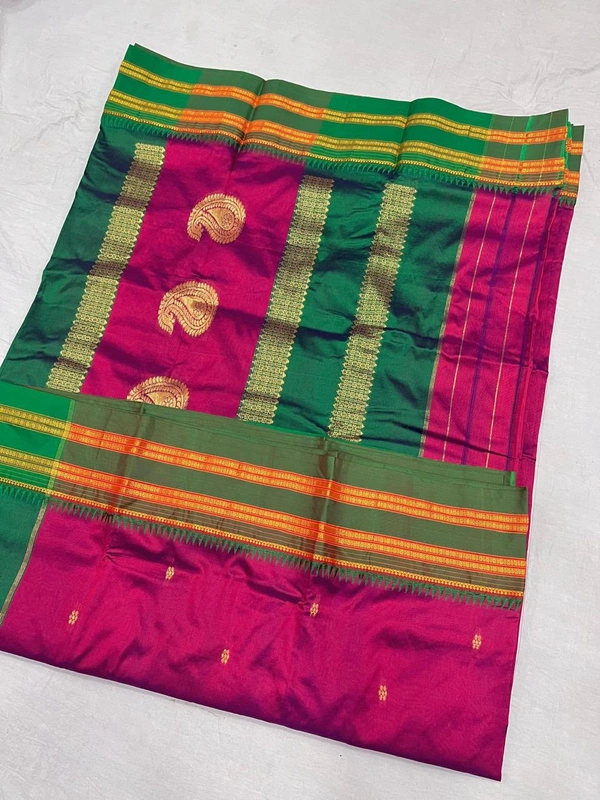 Pure Handloom Silk Narayanpeth Saree with Ethnic Temple Motifs - Free, Wine -1