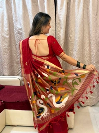 Pure Linen Silk Saree featuring Traditional Jamdani Weaving and Rich Tissue Zari Pallu - FREE, Red