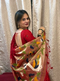 Pure Linen Silk Saree featuring Traditional Jamdani Weaving and Rich Tissue Zari Pallu - FREE, Red