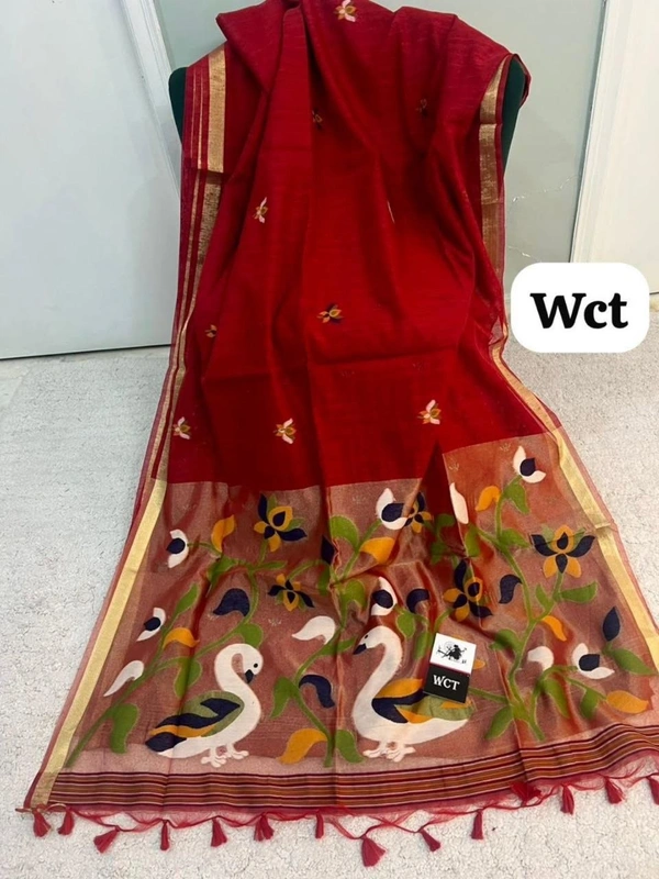 Pure Linen Silk Saree featuring Traditional Jamdani Weaving and Rich Tissue Zari Pallu - FREE, Red