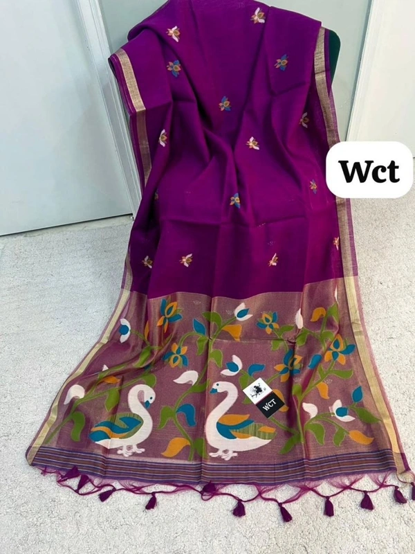 Pure Linen Silk Saree featuring Traditional Jamdani Weaving and Rich Tissue Zari Pallu - FREE, Purple