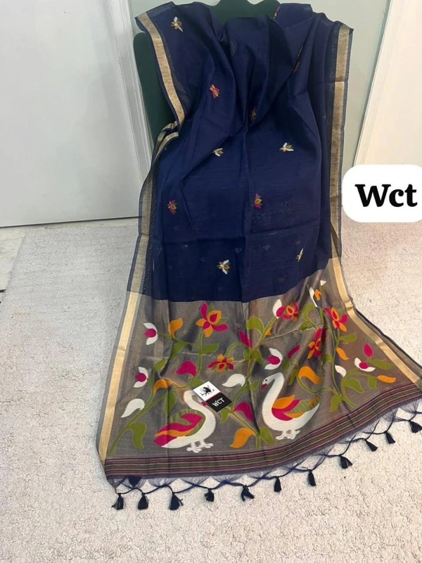 Pure Linen Silk Saree featuring Traditional Jamdani Weaving and Rich Tissue Zari Pallu - FREE, Navy Blue