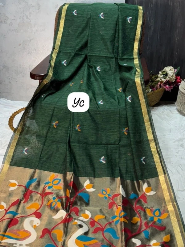 Pure Linen Silk Saree featuring Traditional Jamdani Weaving and Rich Tissue Zari Pallu - FREE, Dark Green