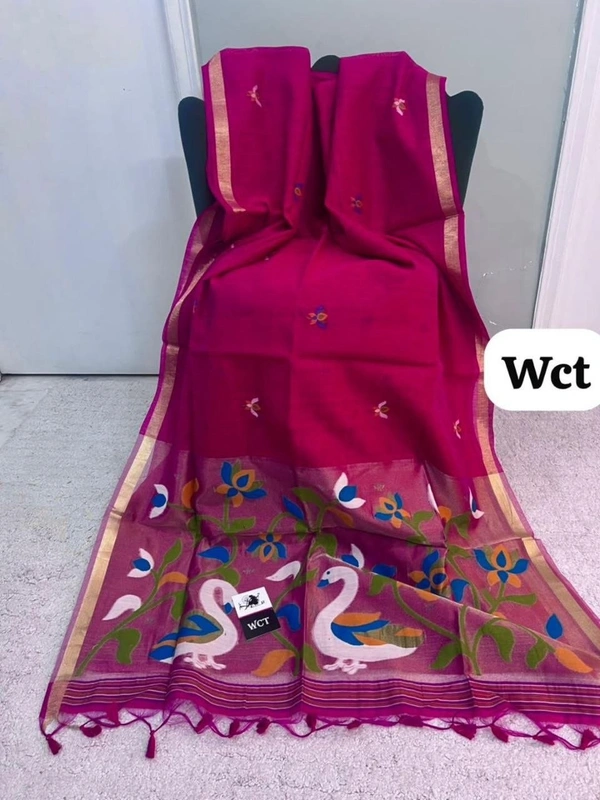 Pure Linen Silk Saree featuring Traditional Jamdani Weaving and Rich Tissue Zari Pallu - FREE, Rani Pink