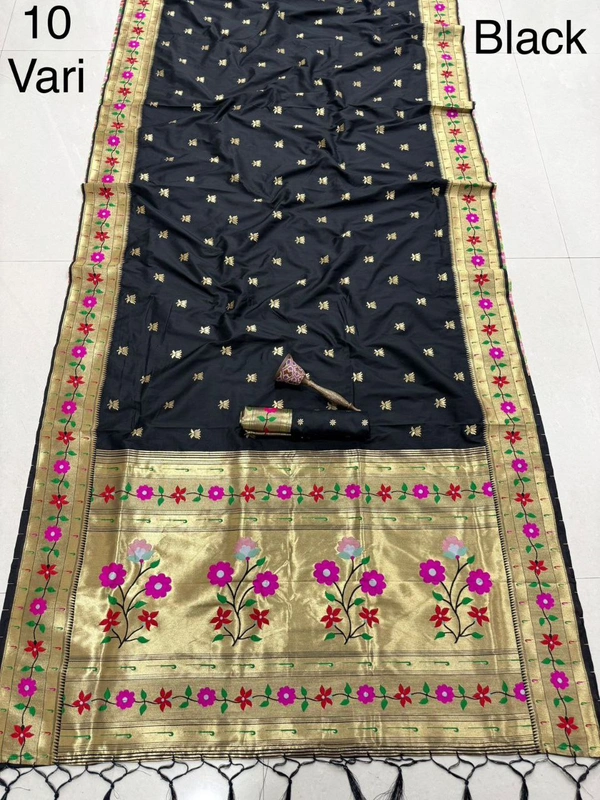 PAITHANI_HOUSE116 Pure Paithani Kanchivaram Saree with Original Zari & Heavy Minakari Work-  10 Yard - FREE, BLACK