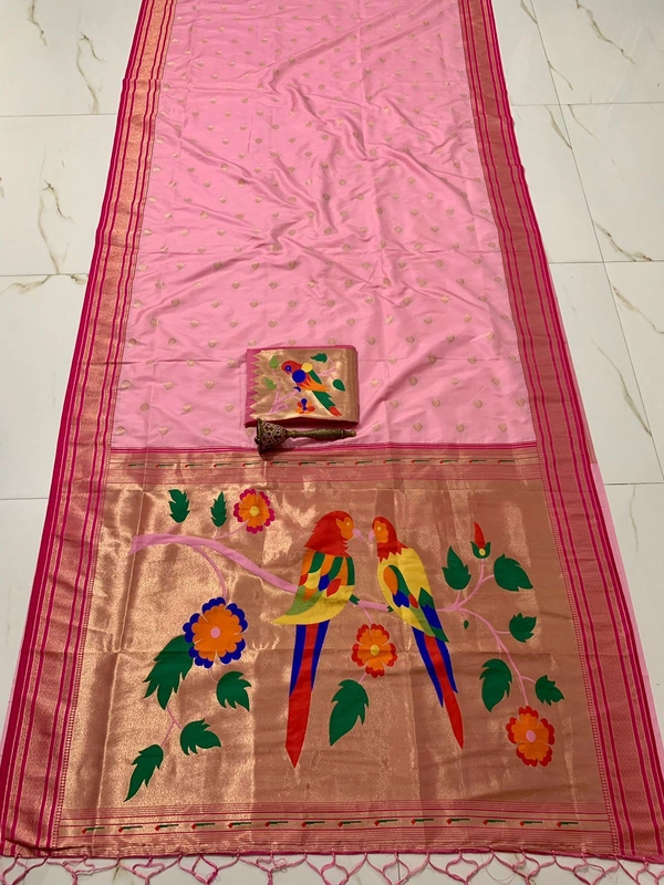 PAITHANI_HOUSE166 Pure Soft Kanchivaram Paithani Silk Saree with Contrast Border & Heavy Mina Zari Popat Pallu -Mor Popat Pallu - LIGHT PINK
