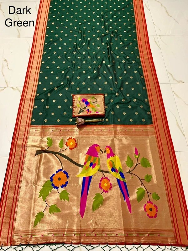 PAITHANI_HOUSE167 Pure Soft Kanchivaram Paithani Silk Saree with Contrast Border & Heavy Mina Zari Popat Pallu -Mor Popat Pallu - DARK GREEN