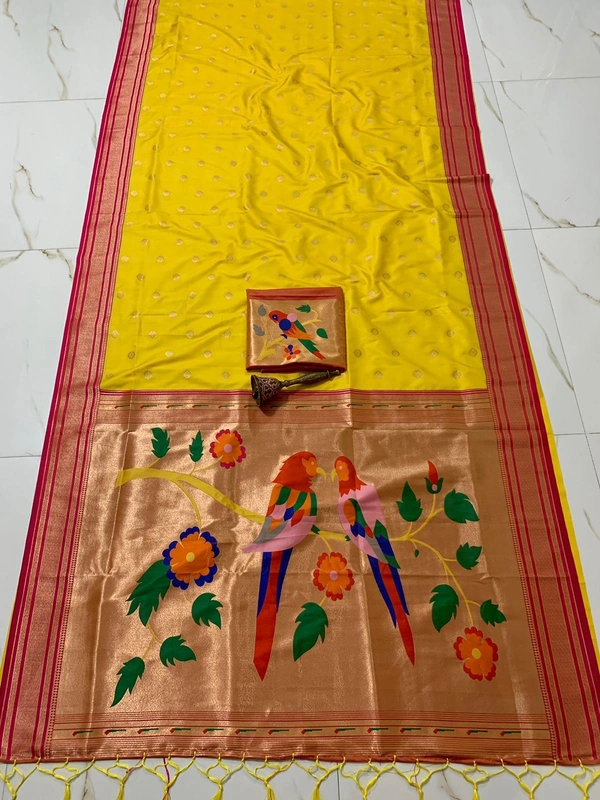 PAITHANI_HOUSE168 Pure Soft Kanchivaram Paithani Silk Saree with Contrast Border & Heavy Mina Zari Popat Pallu -Mor Popat Pallu - YELLOW