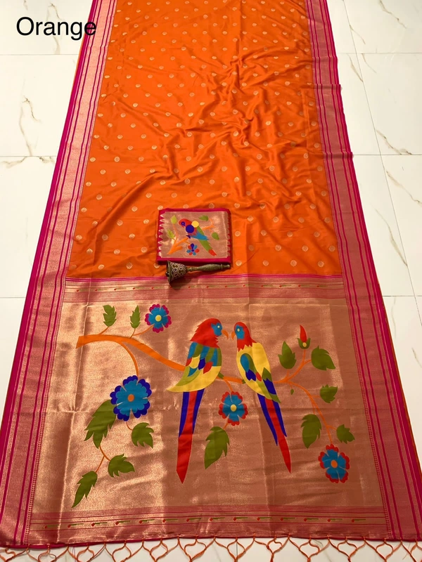 PAITHANI_HOUSE169 Pure Soft Kanchivaram Paithani Silk Saree with Contrast Border & Heavy Mina Zari Popat Pallu -Mor Popat Pallu - ORANGE