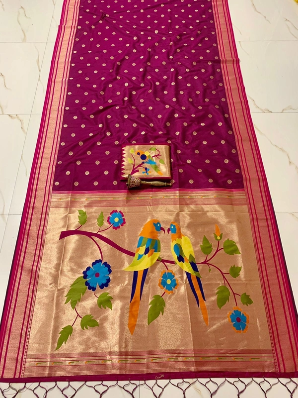 PAITHANI_HOUSE170 Pure Soft Kanchivaram Paithani Silk Saree with Contrast Border & Heavy Mina Zari Popat Pallu -Mor Popat Pallu - DARK PINK