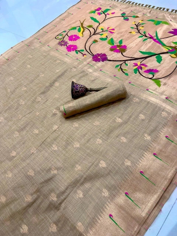 PAITHANI_HOUSE67 Pure Soft Muga Cotton Paithani Saree with Muni-Border & Rich Zari Weaving Pallu | Paithani Cotton Saree" - FREE, Light Beige