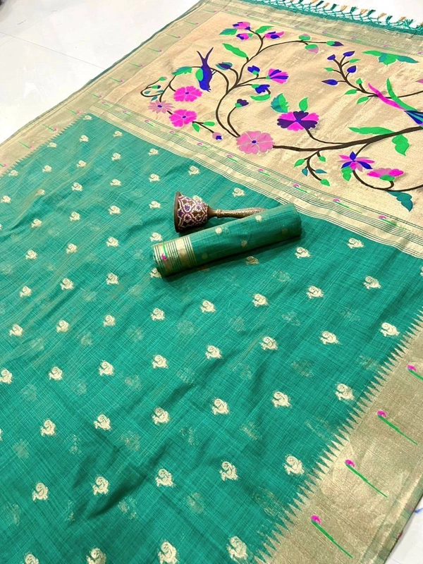 PAITHANI_HOUSE69 Pure Soft Muga Cotton Paithani Saree with Muni-Border & Rich Zari Weaving Pallu | Paithani Cotton Saree" - FREE, Peacock Green