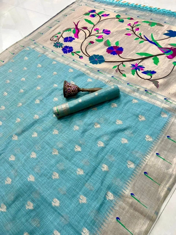 PAITHANI_HOUSE70 Pure Soft Muga Cotton Paithani Saree with Muni-Border & Rich Zari Weaving Pallu | Paithani Cotton Saree" - FREE, Sky Blue