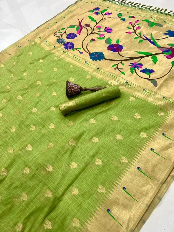 PAITHANI_HOUSE71 Pure Soft Muga Cotton Paithani Saree with Muni-Border & Rich Zari Weaving Pallu | Paithani Cotton Saree" - FREE, Lime Green