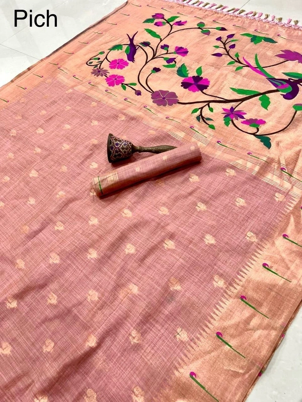 PAITHANI_HOUSE72 Pure Soft Muga Cotton Paithani Saree with Muni-Border & Rich Zari Weaving Pallu | Paithani Cotton Saree" - FREE, PEACH