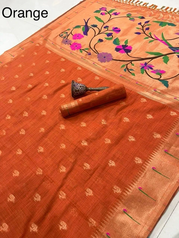 PAITHANI_HOUSE73 Pure Soft Muga Cotton Paithani Saree with Muni-Border & Rich Zari Weaving Pallu | Paithani Cotton Saree" - FREE, Orange