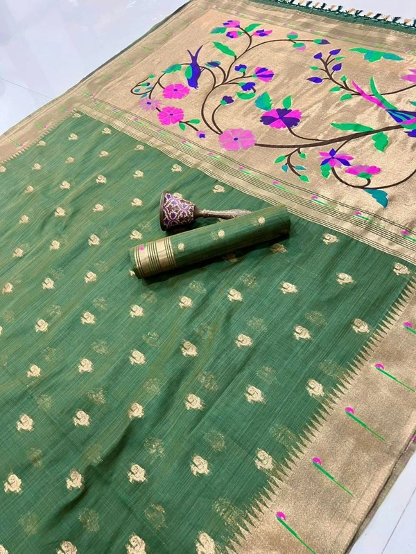 PAITHANI_HOUSE74 Pure Soft Muga Cotton Paithani Saree with Muni-Border & Rich Zari Weaving Pallu | Paithani Cotton Saree" - FREE, Forest Green