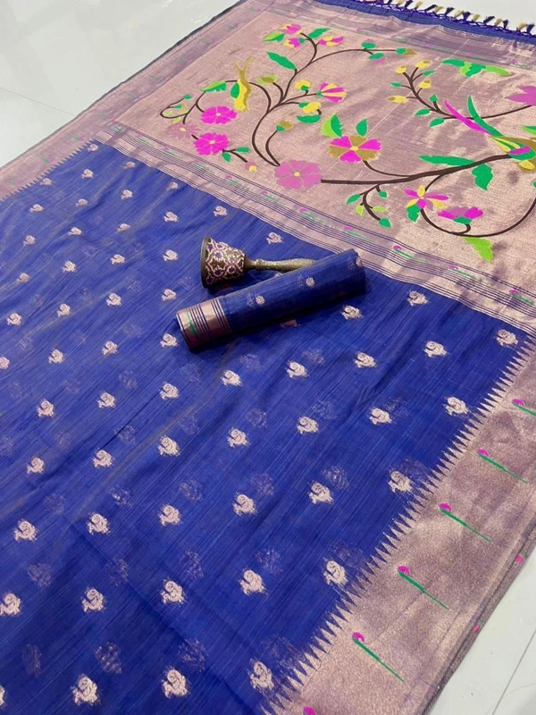 PAITHANI_HOUSE75 Pure Soft Muga Cotton Paithani Saree with Muni-Border & Rich Zari Weaving Pallu | Paithani Cotton Saree" - FREE, Deep Blue