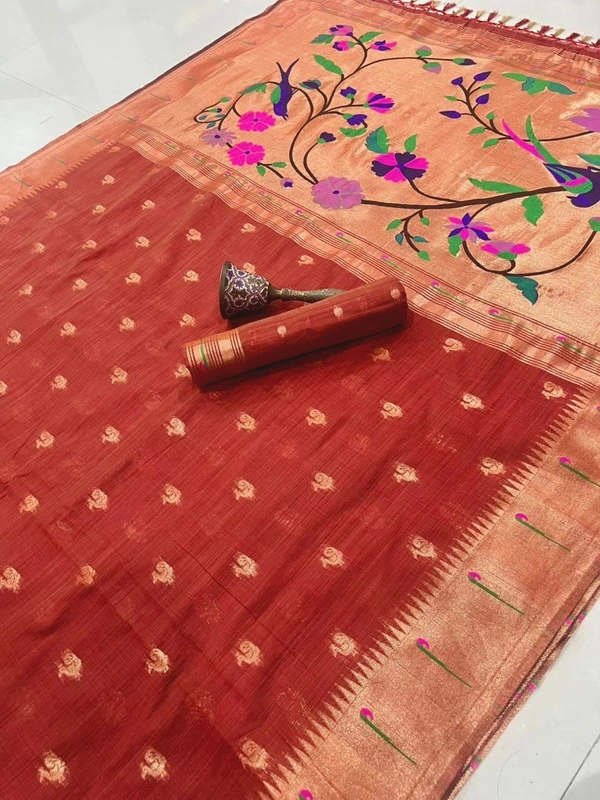 PAITHANI_HOUSE76 Pure Soft Muga Cotton Paithani Saree with Muni-Border & Rich Zari Weaving Pallu | Paithani Cotton Saree" - FREE, Red