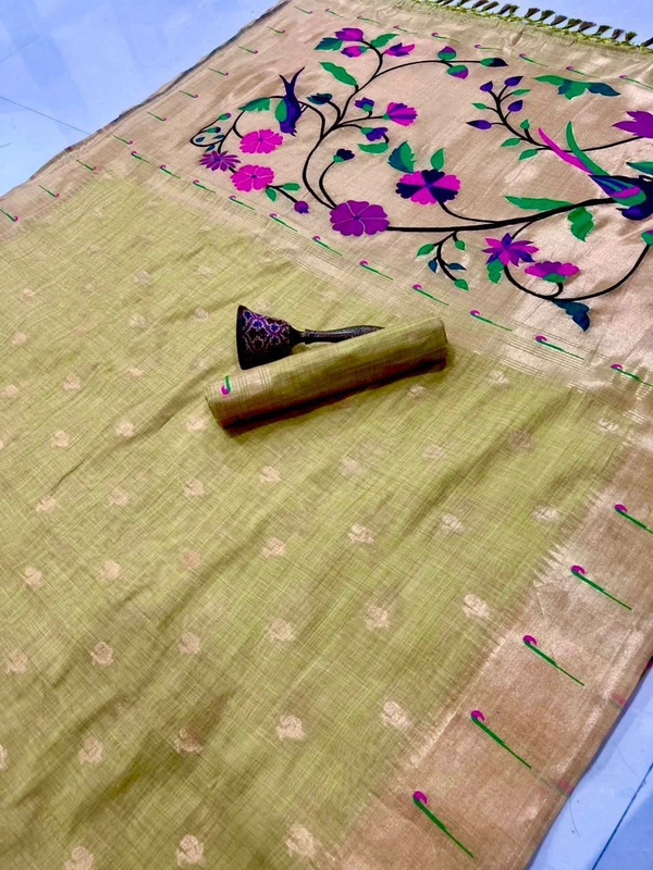 PAITHANI_HOUSE77 Pure Soft Muga Cotton Paithani Saree with Muni-Border & Rich Zari Weaving Pallu | Paithani Cotton Saree" - FREE, Dull Green