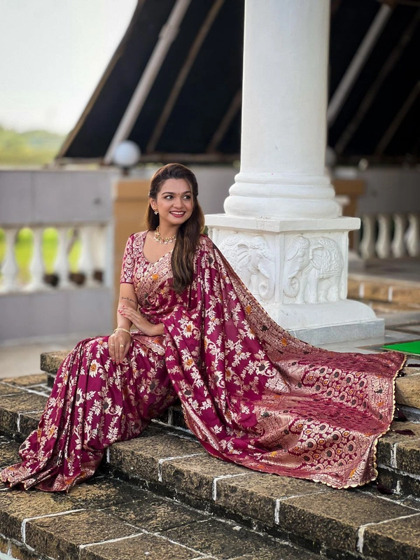 PAITHANI_HOUSE419 "Pure Viscose Dolla Silk Saree with Heavy Meenakari Weaving & Soft Silk Zari Blouse" -Flower Valley - Maroon