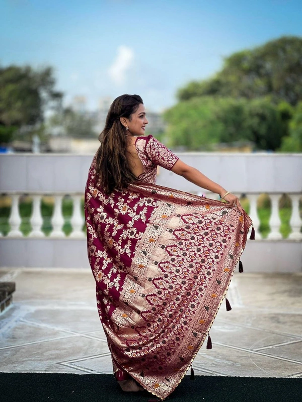 PAITHANI_HOUSE419 "Pure Viscose Dolla Silk Saree with Heavy Meenakari Weaving & Soft Silk Zari Blouse" -Flower Valley - Maroon