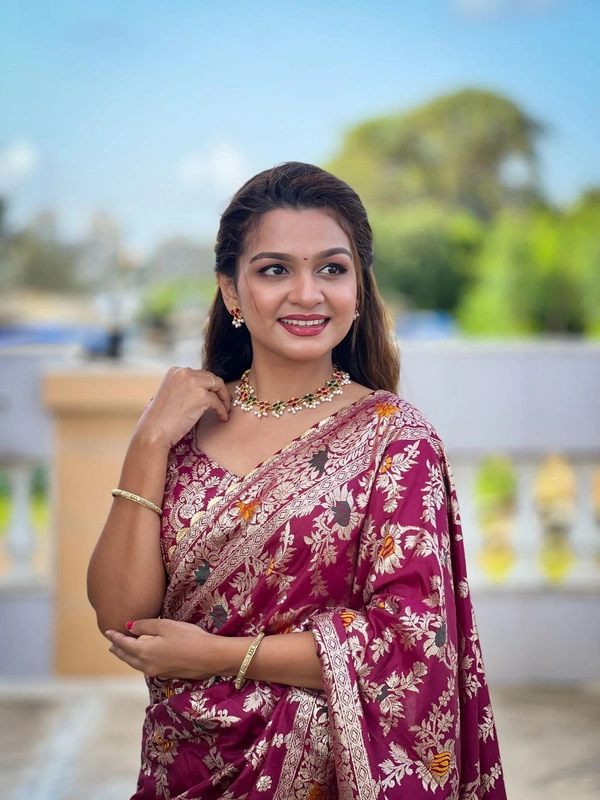 PAITHANI_HOUSE419 "Pure Viscose Dolla Silk Saree with Heavy Meenakari Weaving & Soft Silk Zari Blouse" -Flower Valley - Maroon