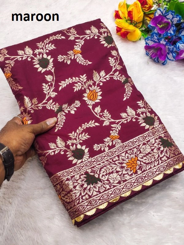 PAITHANI_HOUSE419 "Pure Viscose Dolla Silk Saree with Heavy Meenakari Weaving & Soft Silk Zari Blouse" -Flower Valley - Maroon