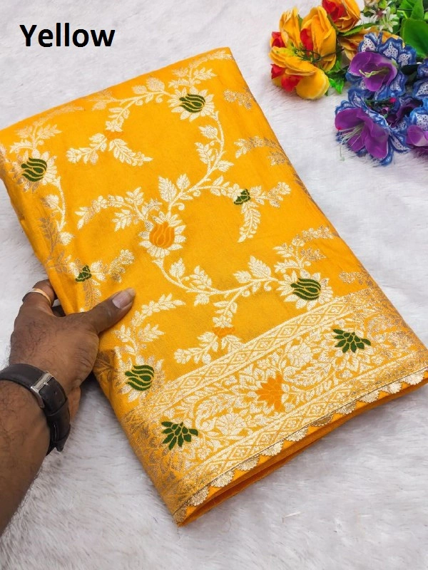 PAITHANI_HOUSE420 "Pure Viscose Dolla Silk Saree with Heavy Meenakari Weaving & Soft Silk Zari Blouse" -Flower Valley - Yellow