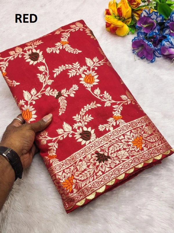 PAITHANI_HOUSE421 "Pure Viscose Dolla Silk Saree with Heavy Meenakari Weaving & Soft Silk Zari Blouse" -Flower Valley - Red