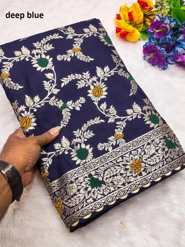 PAITHANI_HOUSE422 "Pure Viscose Dolla Silk Saree with Heavy Meenakari Weaving & Soft Silk Zari Blouse" -Flower Valley - Deep Blue