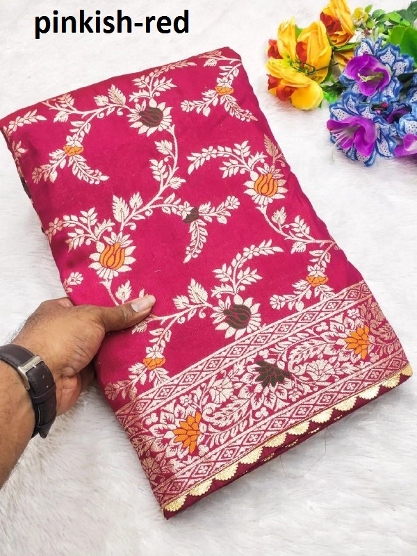 PAITHANI_HOUSE423 "Pure Viscose Dolla Silk Saree with Heavy Meenakari Weaving & Soft Silk Zari Blouse" -Flower Valley - Pinkish-Red