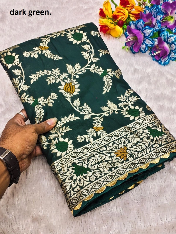 PAITHANI_HOUSE424 "Pure Viscose Dolla Silk Saree with Heavy Meenakari Weaving & Soft Silk Zari Blouse" -Flower Valley - Dark green