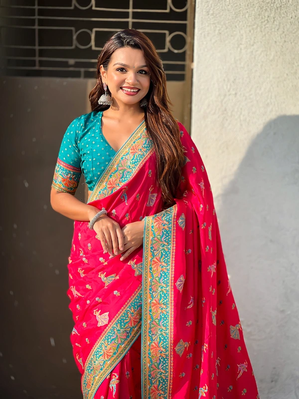Pure Viscose Silk Saree with Meenakari Folk Motifs & Rich Zari Pallu - FREE, PINK