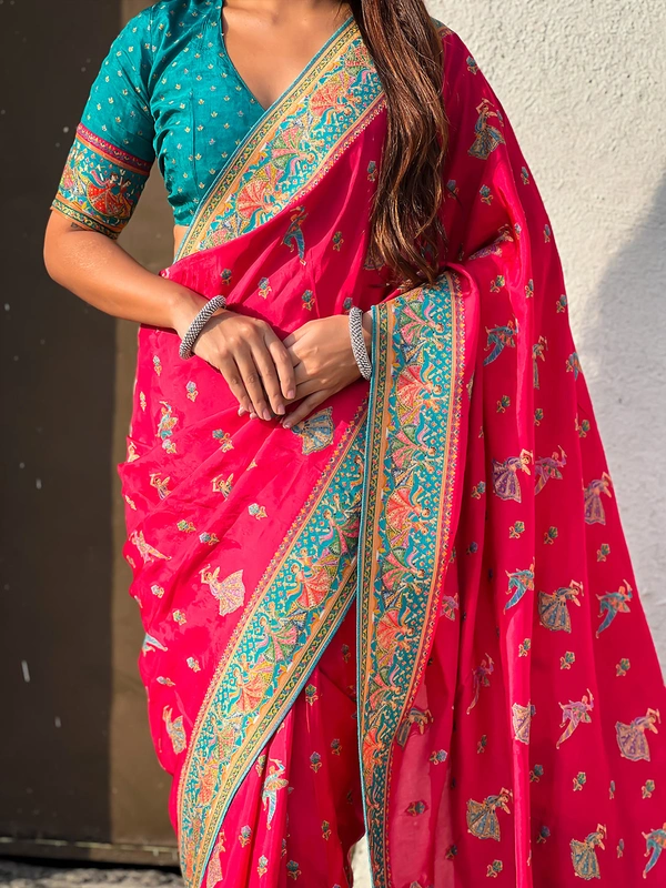 Pure Viscose Silk Saree with Meenakari Folk Motifs & Rich Zari Pallu - FREE, PINK