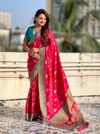 Pure Viscose Silk Saree with Meenakari Folk Motifs & Rich Zari Pallu - FREE, PINK