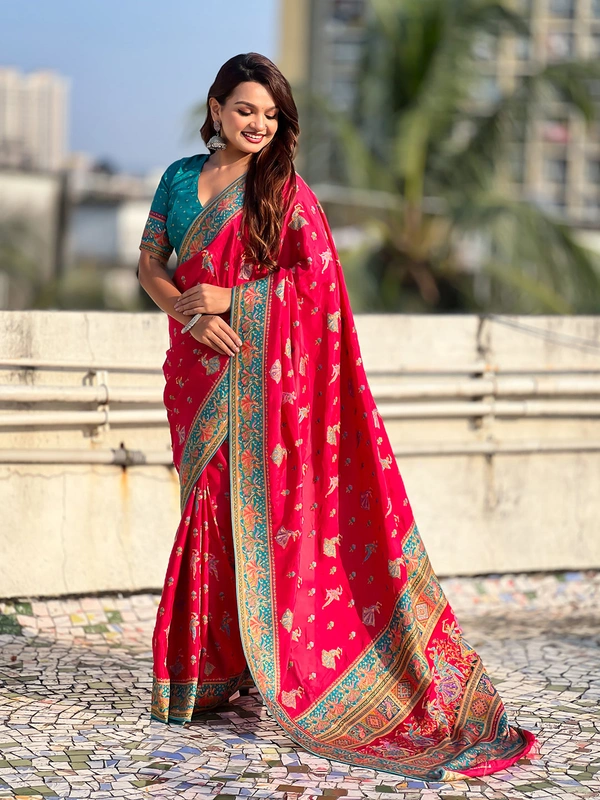 Pure Viscose Silk Saree with Meenakari Folk Motifs & Rich Zari Pallu - FREE, PINK
