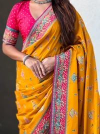 Pure Viscose Silk Saree with Meenakari Folk Motifs & Rich Zari Pallu - FREE, MUSTARD