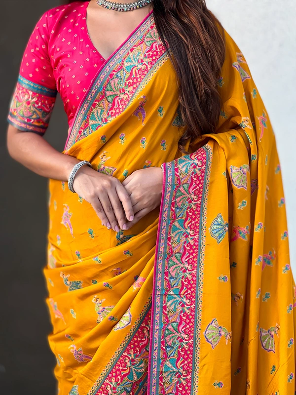 Pure Viscose Silk Saree with Meenakari Folk Motifs & Rich Zari Pallu - FREE, MUSTARD