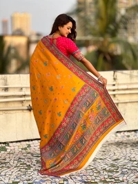 Pure Viscose Silk Saree with Meenakari Folk Motifs & Rich Zari Pallu - FREE, MUSTARD