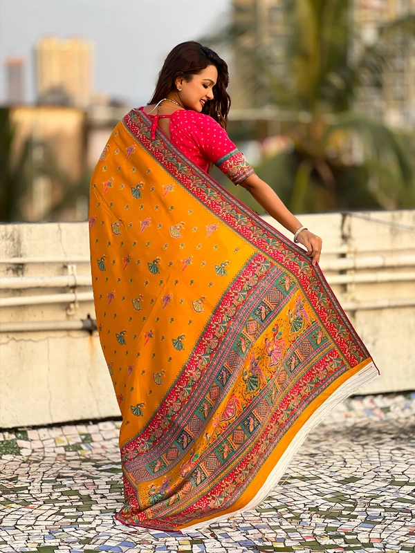 Pure Viscose Silk Saree with Meenakari Folk Motifs & Rich Zari Pallu - FREE, MUSTARD
