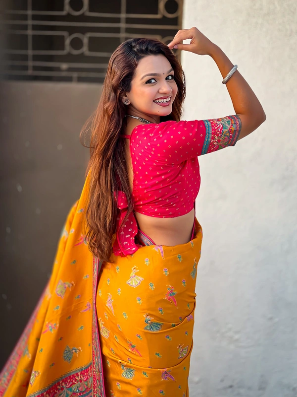 Pure Viscose Silk Saree with Meenakari Folk Motifs & Rich Zari Pallu - FREE, MUSTARD