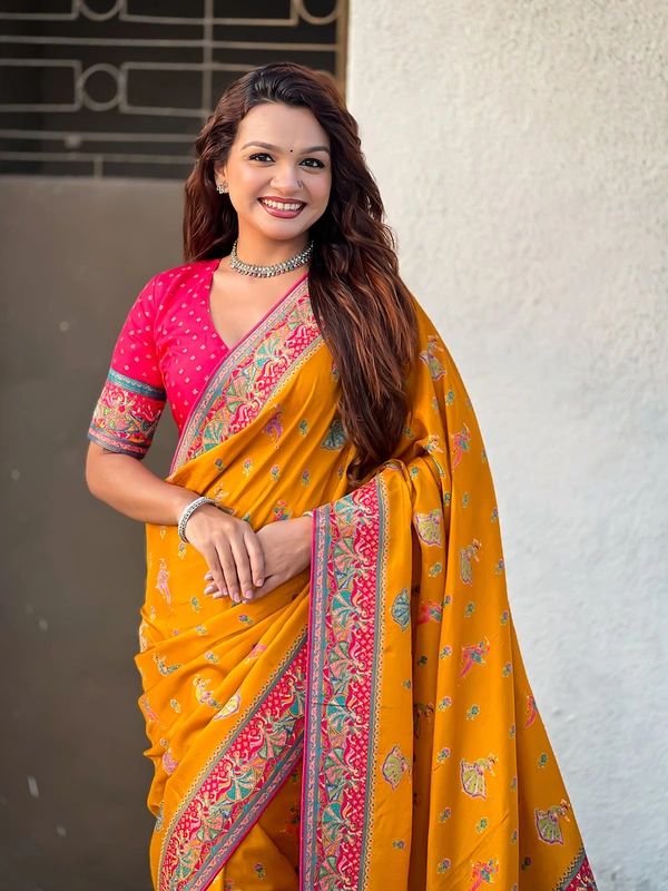 Pure Viscose Silk Saree with Meenakari Folk Motifs & Rich Zari Pallu - FREE, MUSTARD