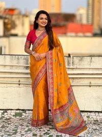 Pure Viscose Silk Saree with Meenakari Folk Motifs & Rich Zari Pallu - FREE, MUSTARD