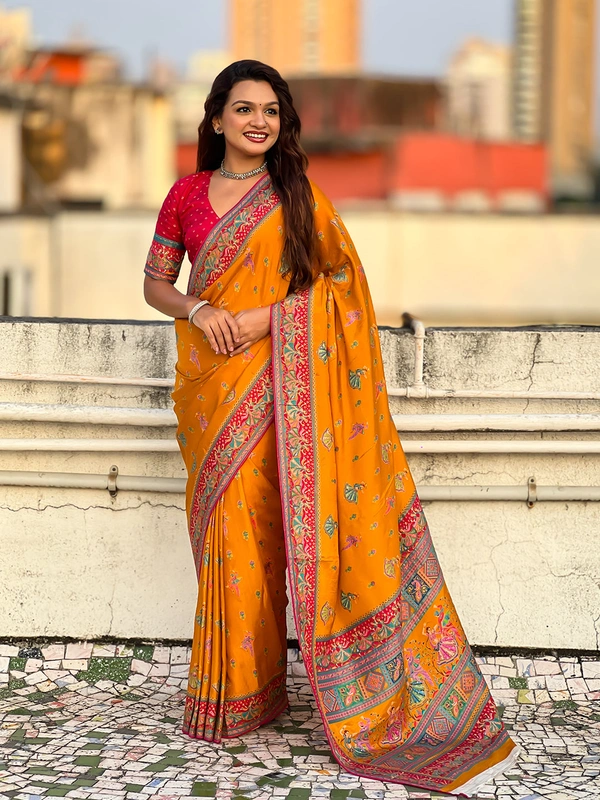 Pure Viscose Silk Saree with Meenakari Folk Motifs & Rich Zari Pallu - FREE, MUSTARD