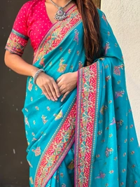 Pure Viscose Silk Saree with Meenakari Folk Motifs & Rich Zari Pallu - FREE, RAMA
