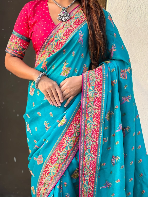 Pure Viscose Silk Saree with Meenakari Folk Motifs & Rich Zari Pallu - FREE, RAMA