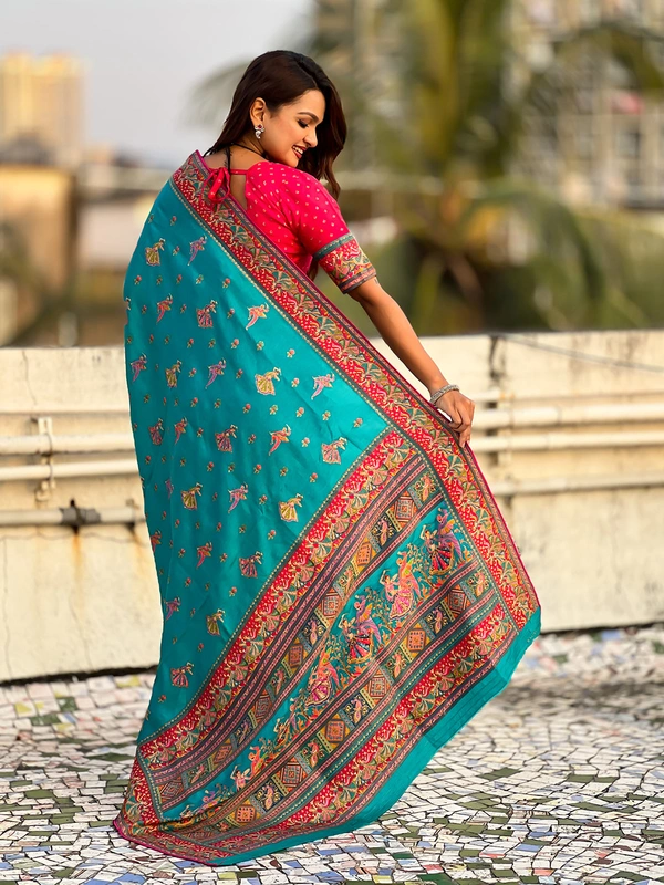 Pure Viscose Silk Saree with Meenakari Folk Motifs & Rich Zari Pallu - FREE, RAMA